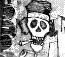 A graffiti of an skeleton wearing an afro smoking a cigarette.