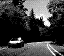 A single car driving towards the viewer around the bend, surrounded by tall trees. Taken in 2 bit black and white.