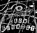 A close up of a shirt covered in fake blood splatter pattern, with a large crow head on top saying “I SURVIVED CROW COUNTRY” taken in 2 bit black and white.